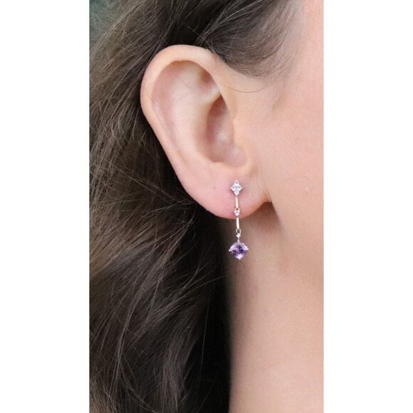 14k Yellow Gold Natural Amethyst & White Topaz Earrings Dangle Drop 1" x 1/4" - Picture 2 of 7